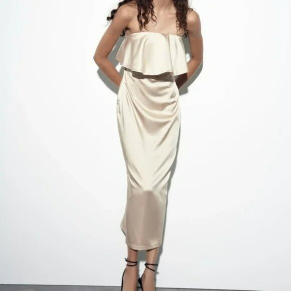 NWT Zara Limited Edition Strapless Satin Effect Ruffled Dress.  SZ XS. - Picture 9 of 9